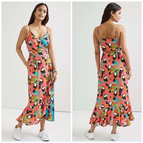 FARM RIO | x Anthropologie Toucans Print Wrap Maxi Dress Medium - Picture 4 of 17
